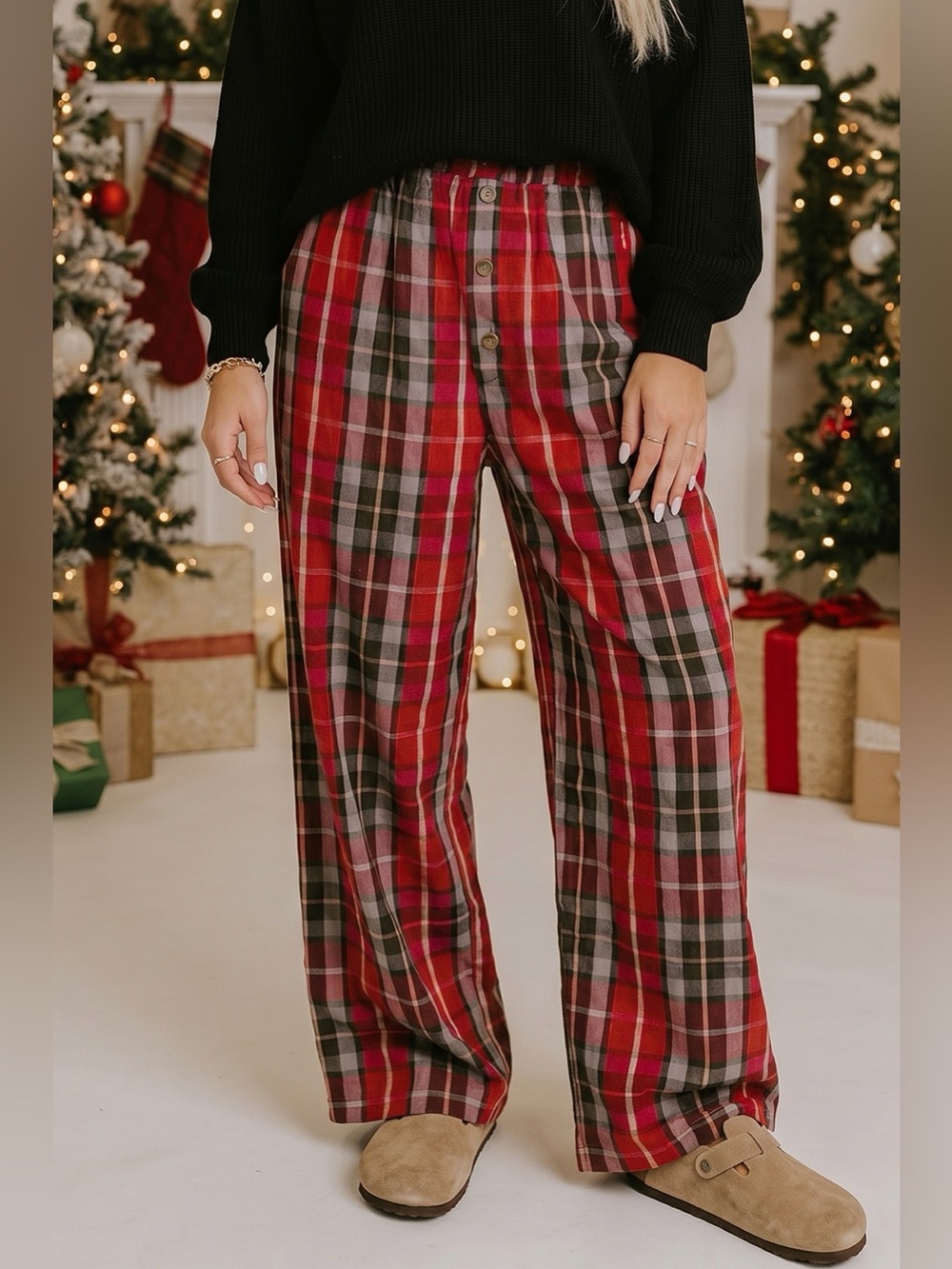 Plaid Elastic Waist Pocket Regular Full-Length Pants